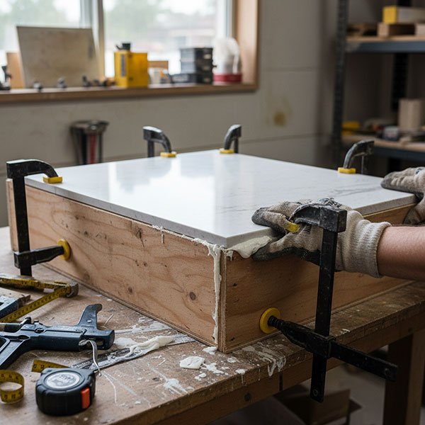 Close-up of 12mm engineered quartz slab edge being bonded to a plywood substrate with epoxy adhesive in a fabrication workshop