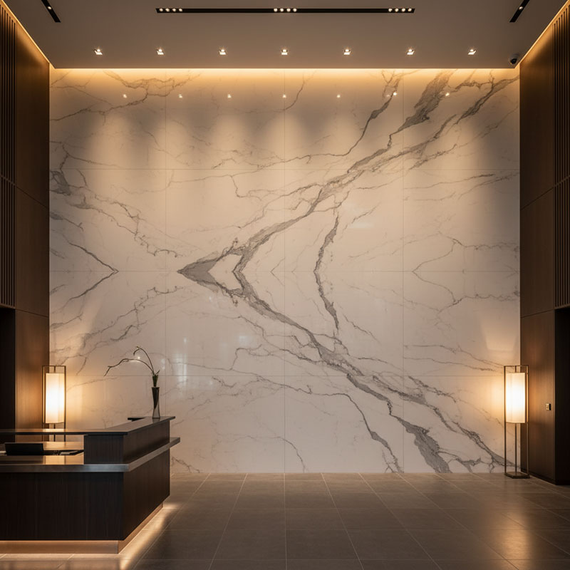 Modern luxury hotel lobby with large-format 12mm engineered quartz wall cladding in Calacatta marble pattern with warm ambient lighting