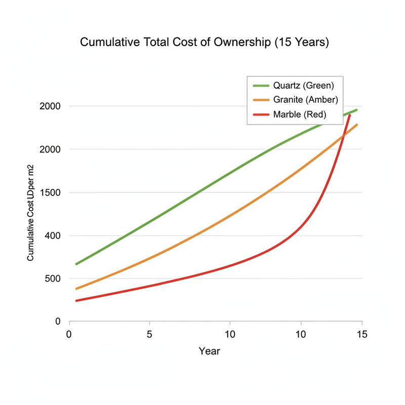 Line chart showing cumulative total cost of ownership over 15 years for quartz, granite, and marble: quartz remains flat after initial cost, granite increases gradually, marble increases steeply