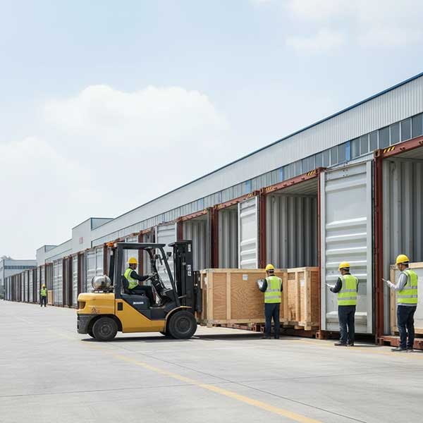20 Shipping Containers of Quartz Stone at Factory Loading Dock Twenty 40-foot shipping containers being loaded with engineered quartz stone slabs at Chinese factory loading dock