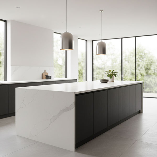 Spacious modern kitchen with large island featuring 20mm polished white quartz countertop with subtle grey veining, dark wood cabinetry below