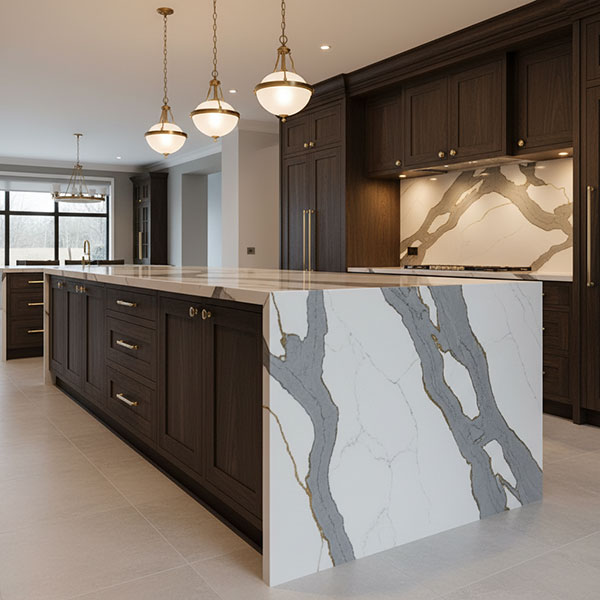 Luxurious modern kitchen with dramatic 30mm thick quartz island countertop featuring bold Calacatta marble veining and waterfall edge cascading to the floor