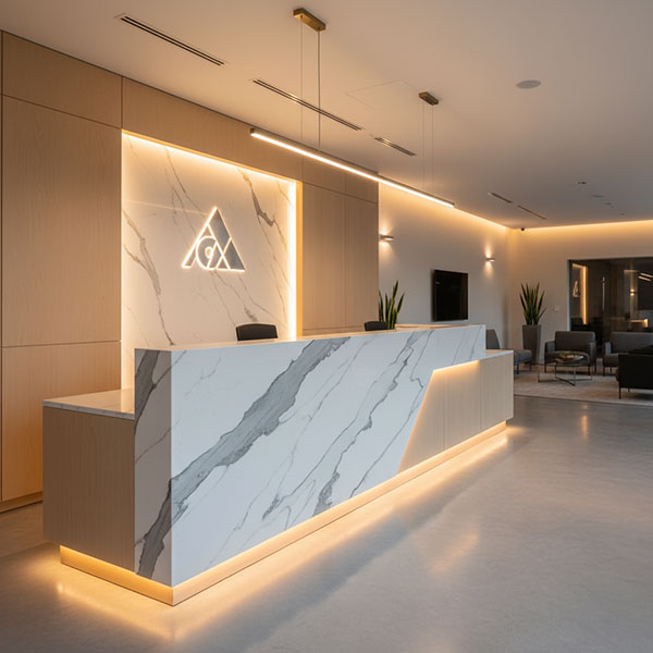 Modern commercial reception desk featuring 30mm polished engineered quartz surface with dramatic marble veining in a corporate office lobby with ambient lighting