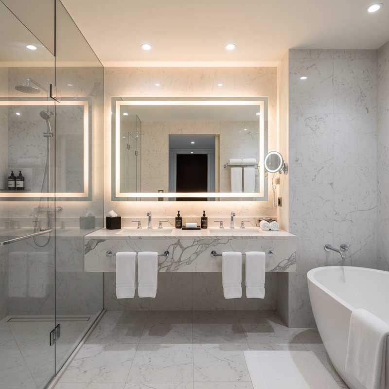 5-Star Hotel Bathroom with Carrara White Quartz Vanity Top Luxury 5-star hotel bathroom featuring white Carrara-look engineered quartz stone vanity top with chrome fixtures and backlit mirror