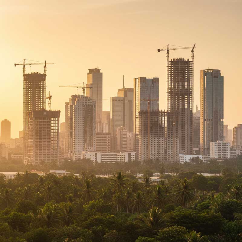 Modern African city skyline with multiple construction cranes showing rapid urbanization and emerging market potential for quartz stone surfaces