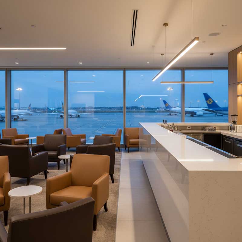 Premium airport VIP lounge with elegant quartz bar counter, comfortable seating, large windows overlooking runway, modern luxury interior