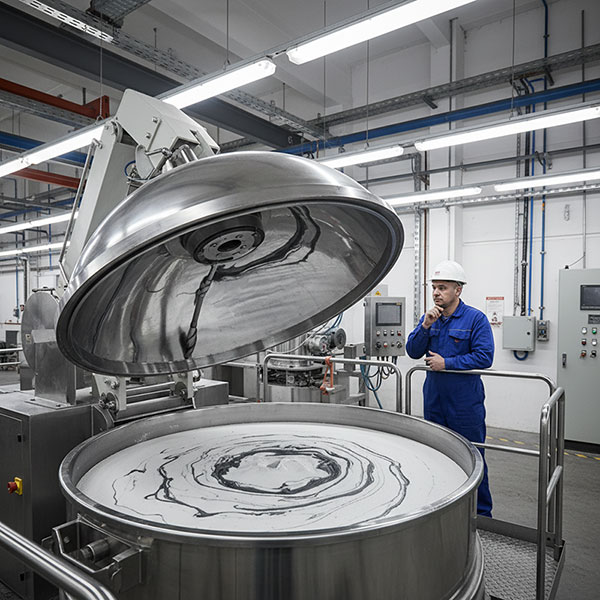 Industrial mixing machine blending quartz particles with resin and pigments inside a large stainless steel mixer