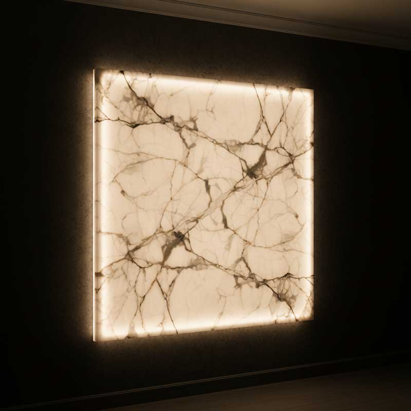 Backlit translucent engineered quartz wall panel with warm white LED illumination creating an ethereal glowing effect revealing internal veining patterns