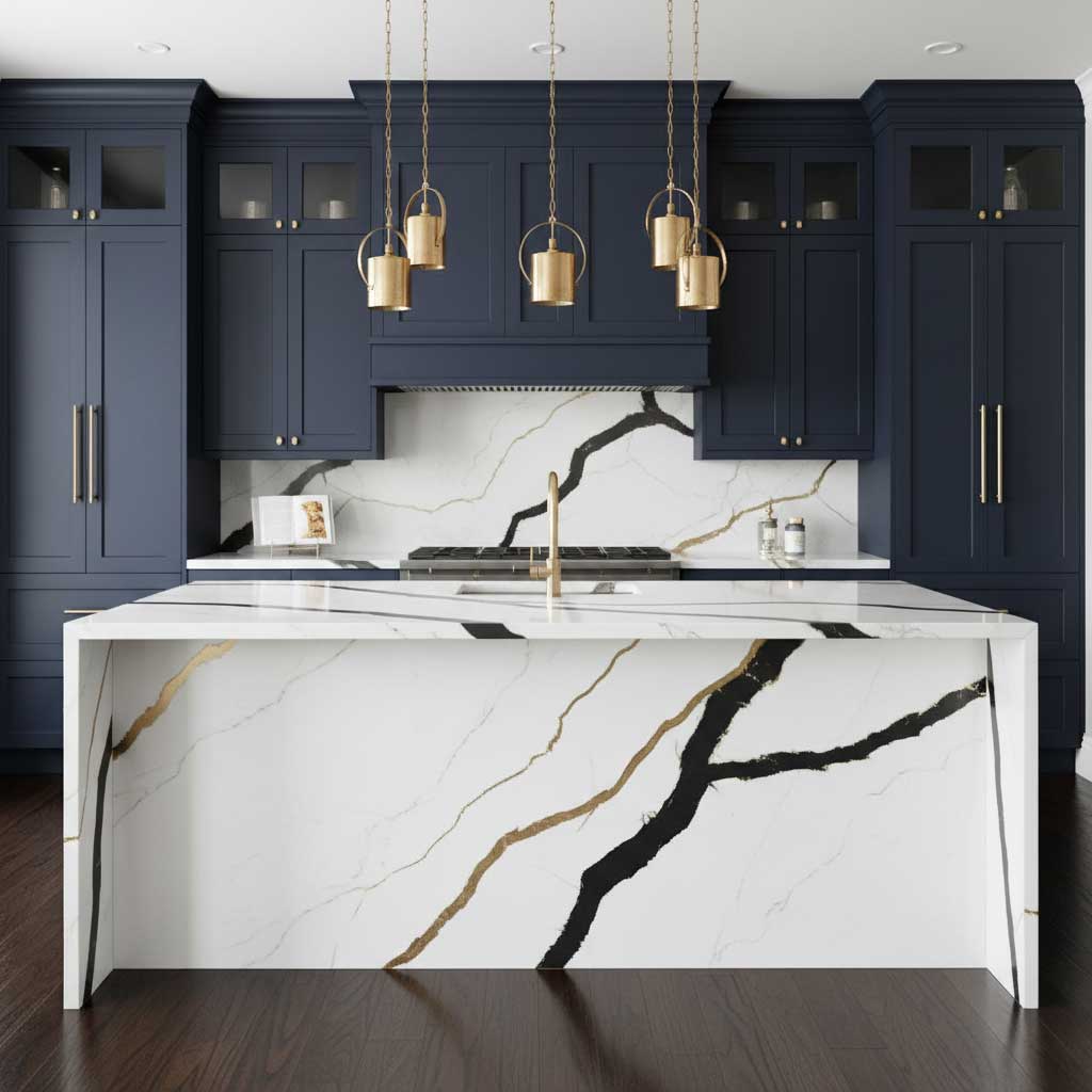 Large kitchen island featuring dramatic bold black and gold veined quartz countertop on white background, ultra-luxury kitchen with designer pendant lights