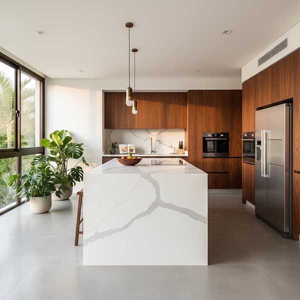 Luxury modern kitchen in Brazilian apartment featuring white quartz stone countertops with waterfall island