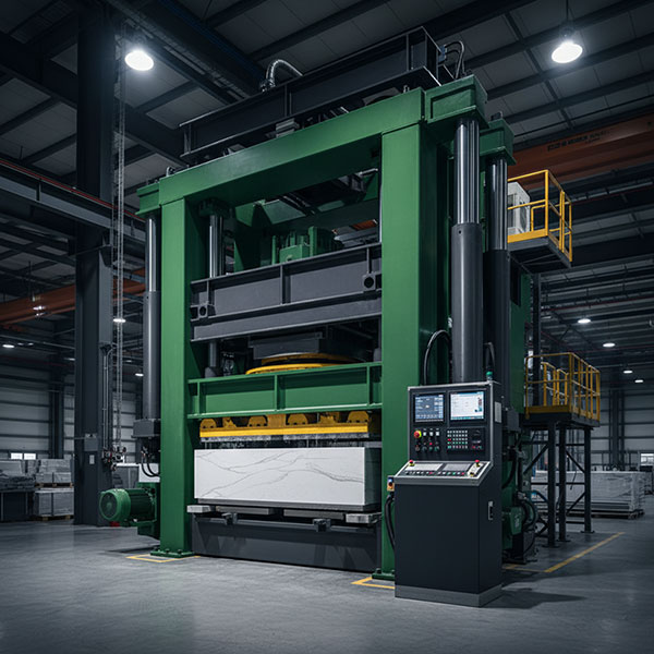 Large vacuum vibro-compression press machine compacting a quartz slab in a modern factory