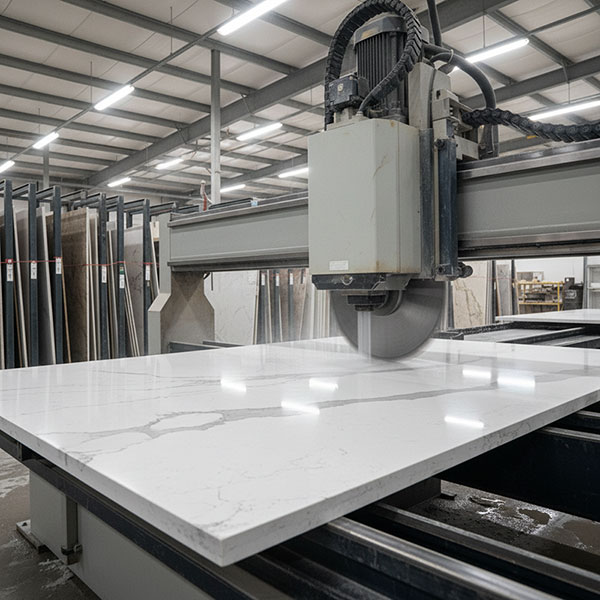 CNC bridge saw cutting a 20mm white Calacatta quartz slab in a modern stone fabrication workshop with water cooling spray