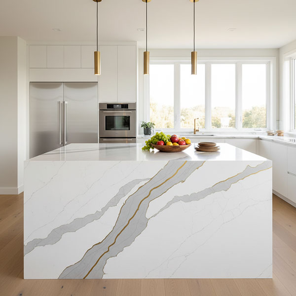 Luxurious modern kitchen featuring a large island with white Calacatta-look engineered quartz countertop with dramatic grey veins, waterfall edge detail, white cabinetry, and pendant lighting