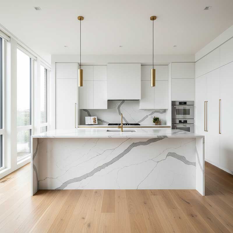 Modern luxury kitchen featuring a large Calacatta marble-look quartz island countertop with bold grey and gold veining on a white background