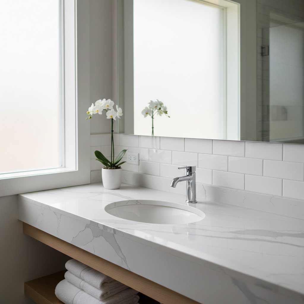 white quartz stone apply in bathroom