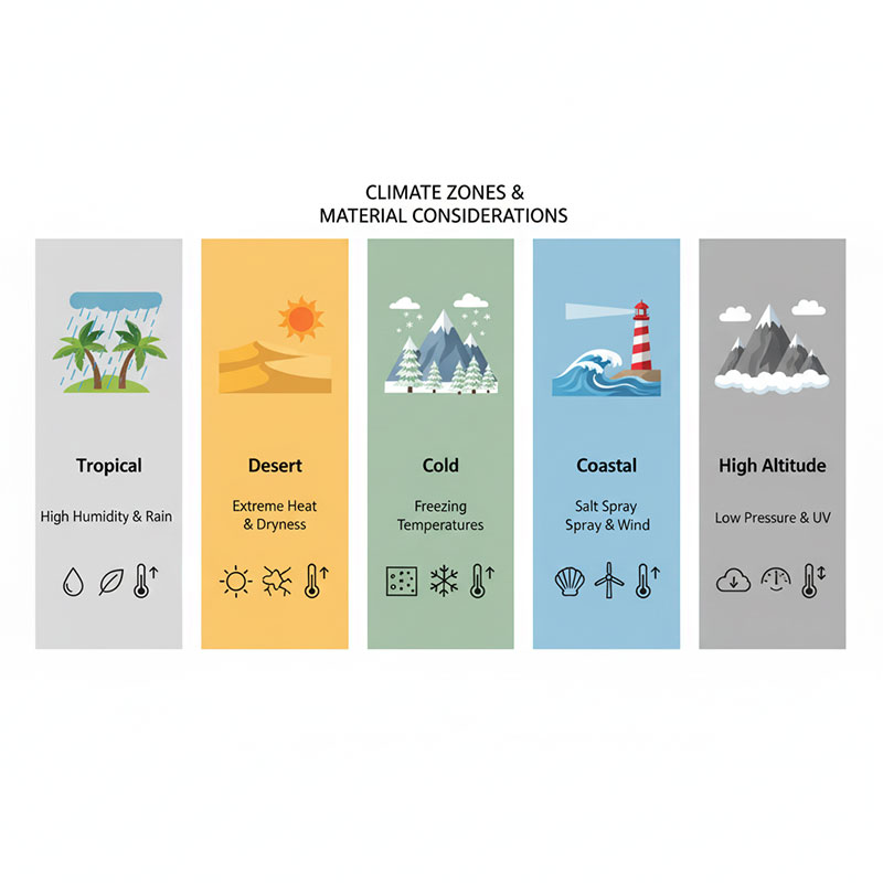Infographic showing five climate zones with recommended quartz stone specifications including color selection, finish type, adhesive requirements, and hardware grade for tropical, arid, cold, coastal, and high-altitude environments