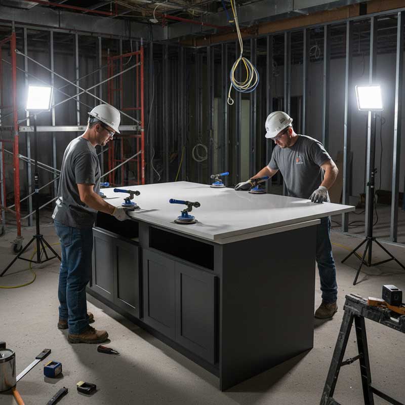 Professional installation team carefully positioning a large engineered quartz countertop slab in a commercial building, construction site with safety equipment