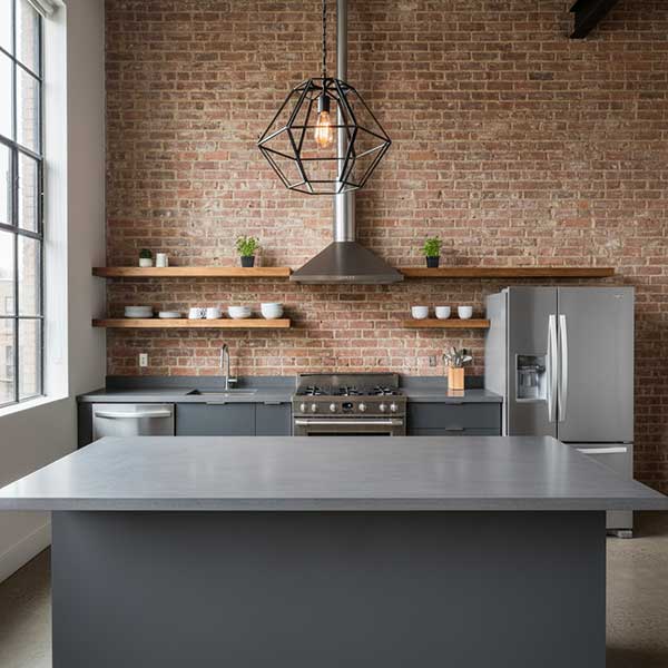mordern kitchen using concrete grey honed quartz countertops