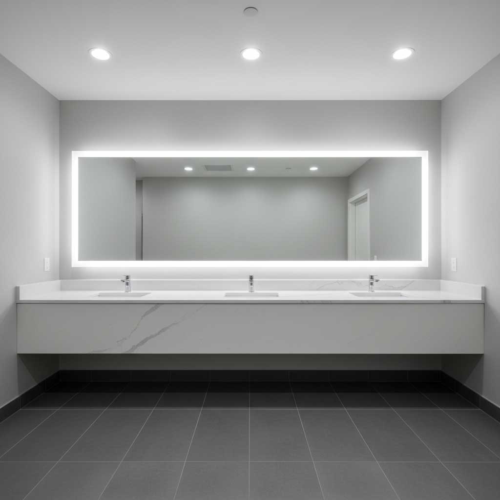 Premium corporate office washroom with long continuous white quartz vanity countertop, three undermount sinks, backlit mirror, and sensor faucets