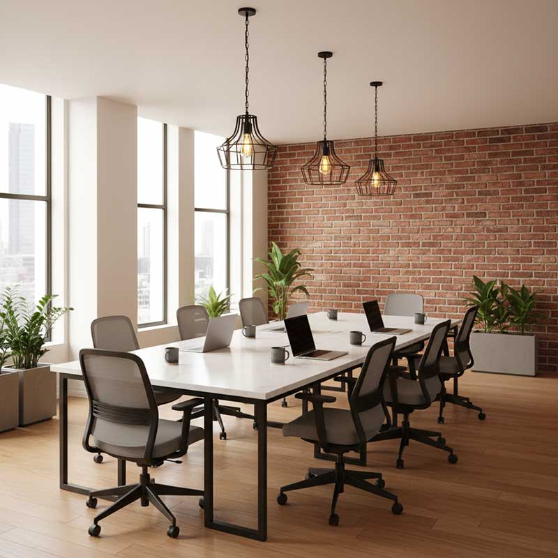 Modern coworking space with large white quartz communal worktable, collaborative seating, industrial pendant lights, and open-plan layout