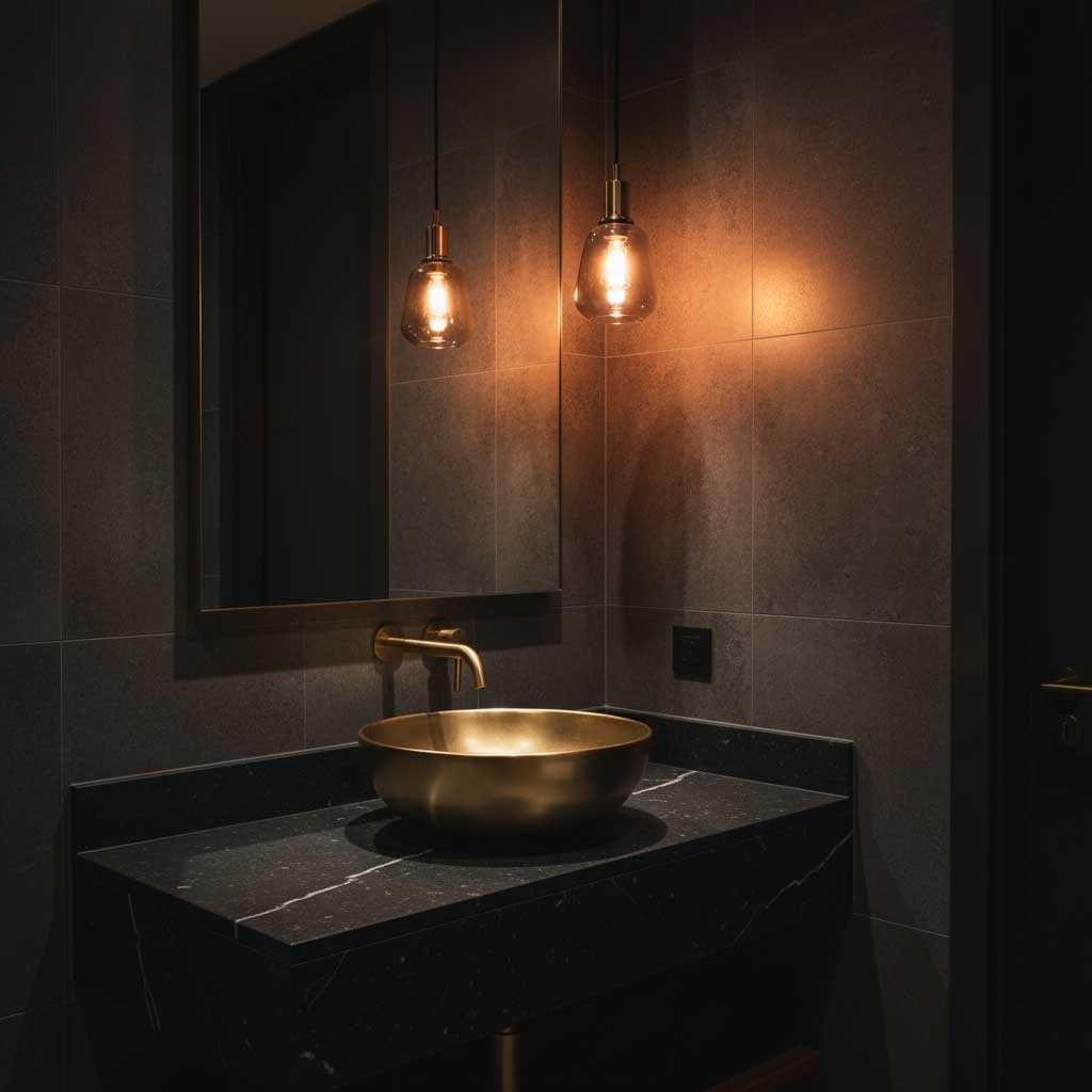 Boutique hotel bathroom with dark charcoal quartz vanity top, gold brass fixtures, vessel sink, and dramatic moody lighting