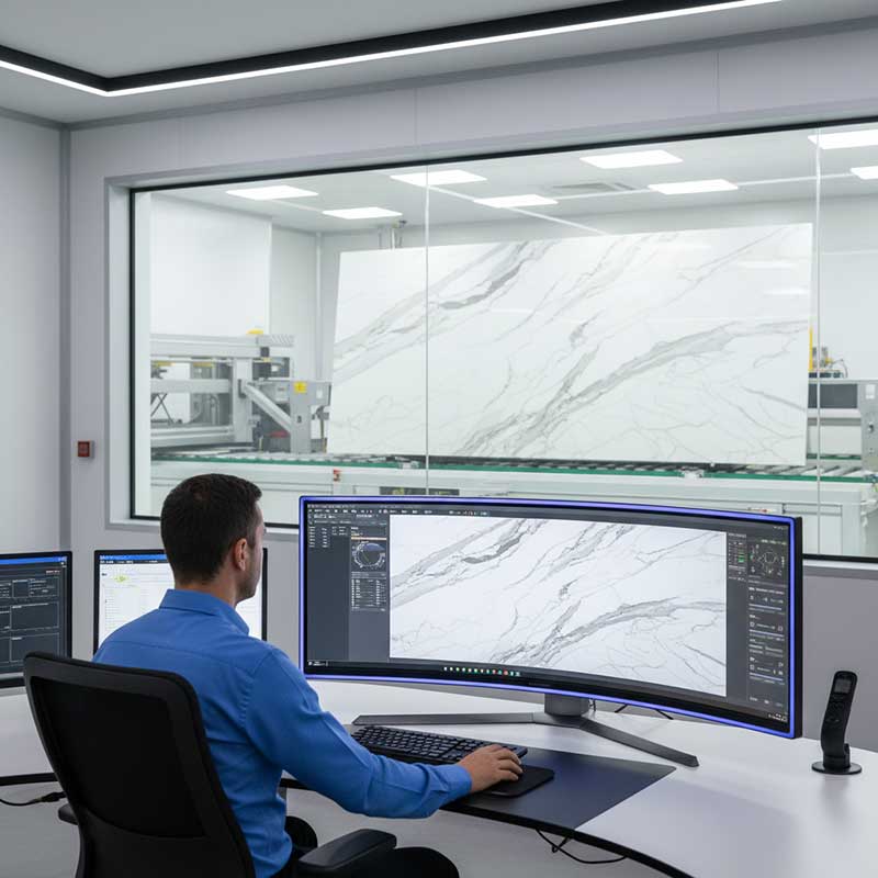 Advanced digital design technology applied to quartz surface manufacturing showing digital veining programming on production system