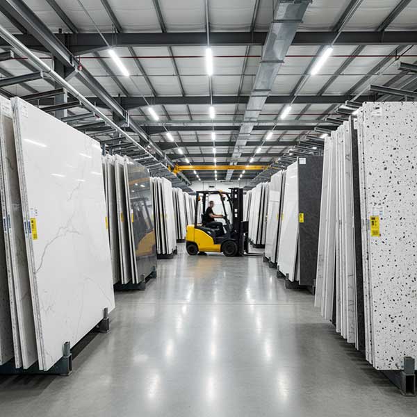 Quartz stone slab warehouse in Dubai Jebel Ali Free Zone serving as Middle East distribution hub