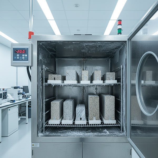 Laboratory climate chamber with engineered quartz stone test specimens undergoing EN 12371 freeze-thaw cycle testing showing digital temperature display at minus 20 degrees celsius