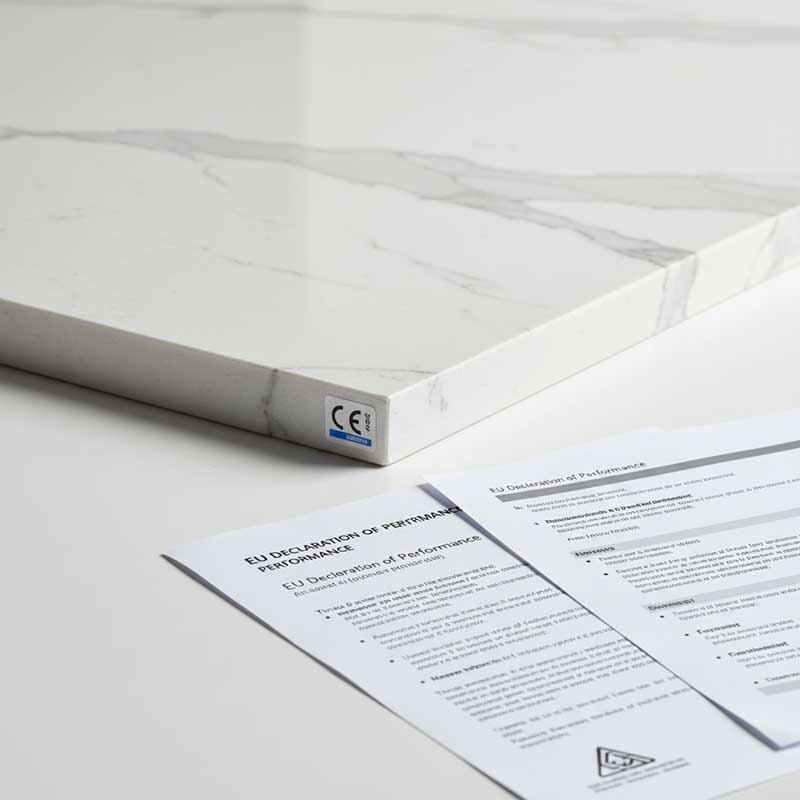 CE marked engineered quartz stone slab with EU Declaration of Performance document
