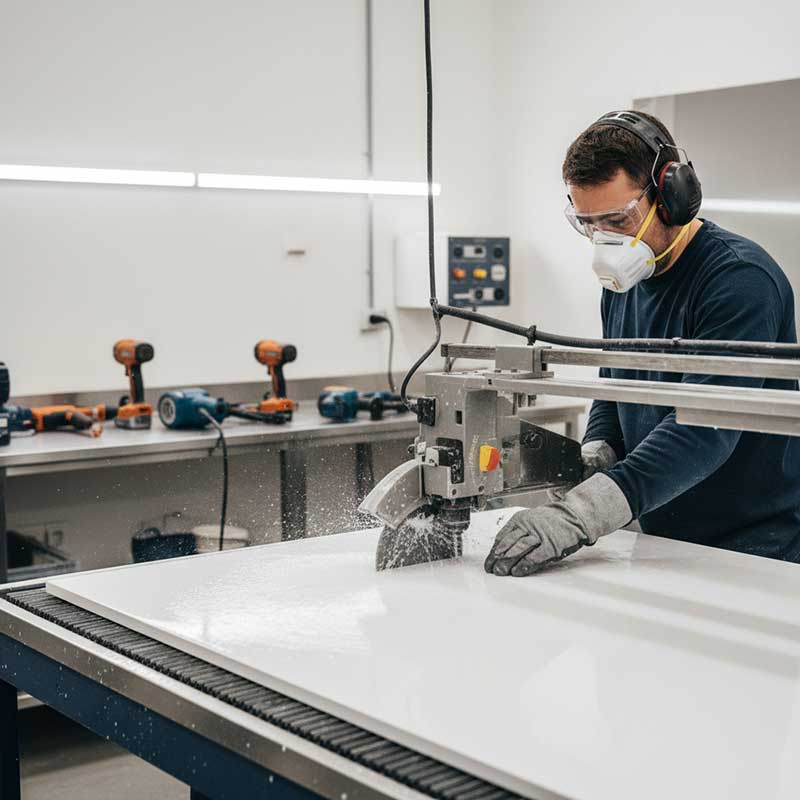 Stone fabricator wearing full safety equipment including respirator cutting quartz slab with wet saw in well-ventilated modern workshop