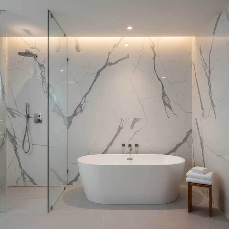 Five-star hotel bathroom interior with floor-to-ceiling Statuario marble-look quartz wall cladding behind freestanding bathtub with rainfall shower and warm LED lighting