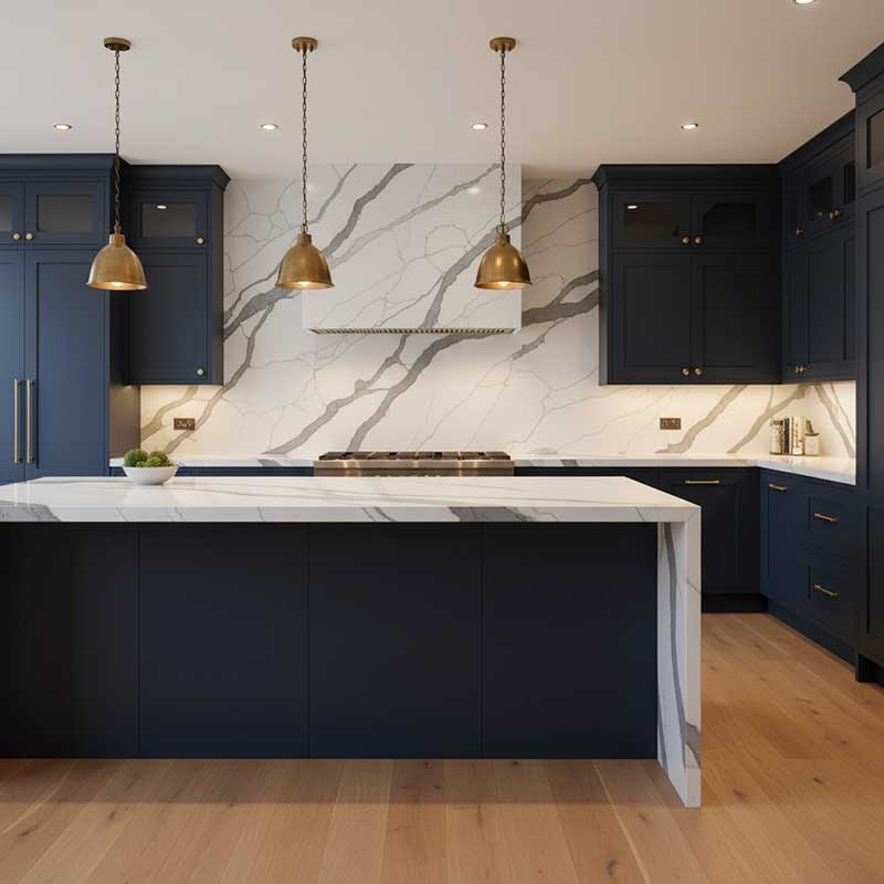 Modern luxury kitchen with full-height white Calacatta quartz backsplash extending from countertop to ceiling with matching island countertop and continuous veining