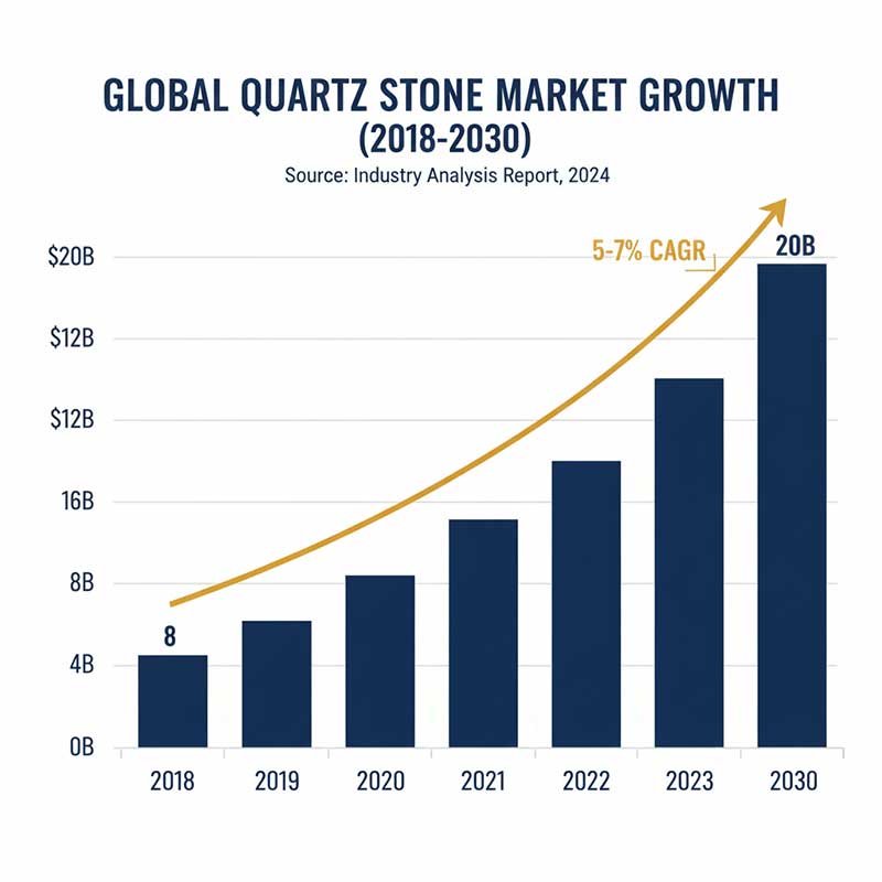 Infographic chart showing global engineered quartz stone market size growth from 2018 to projected 2030 with compound annual growth rate of 5 to 7 percent