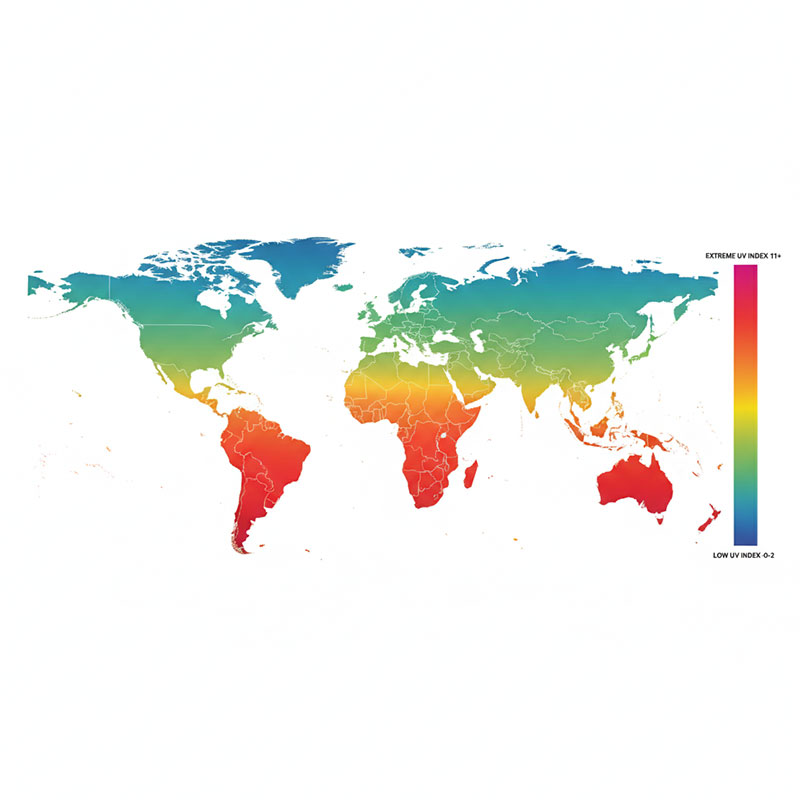 World map showing global UV index distribution with extreme UV zones highlighted in red near the equator including Brazil, Central Africa, Middle East, and Southeast Asia relevant to quartz stone color stability