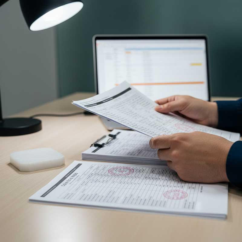 Customs officer reviewing HS code classification documents for engineered quartz stone import