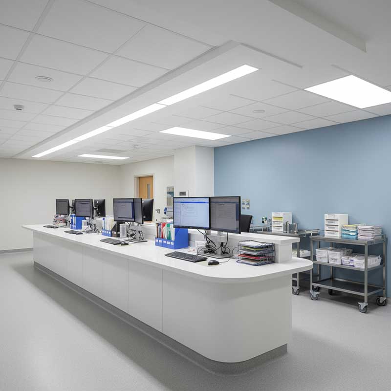 Modern hospital nurse station with white quartz countertop surface, medical monitors, rounded edge profile, bright clinical lighting