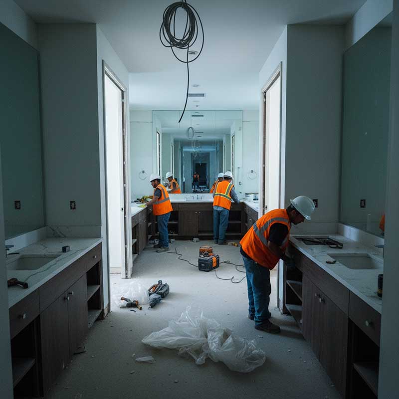 Hotel construction site showing multiple identical white quartz vanity tops being installed in a row along bathroom units
