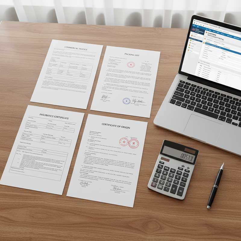 Complete import documentation package for quartz stone customs clearance including commercial invoice bill of lading and certificates