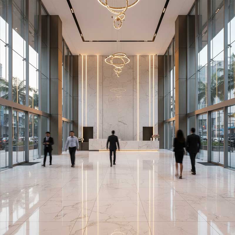 Modern commercial building lobby in India featuring engineered quartz stone interior surfaces