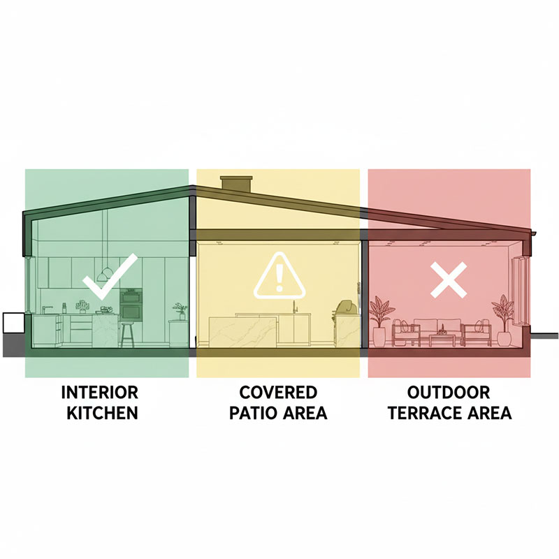 Architectural cross-section diagram showing three quartz stone installation zones: indoor area highlighted in green labeled recommended, semi-outdoor covered patio area in yellow labeled conditional, and fully outdoor exposed area in red labeled not recommended