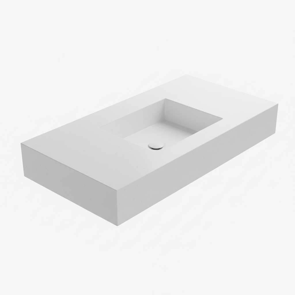 White integrated one-piece quartz vanity top with seamless molded sink basin showing smooth continuous surface