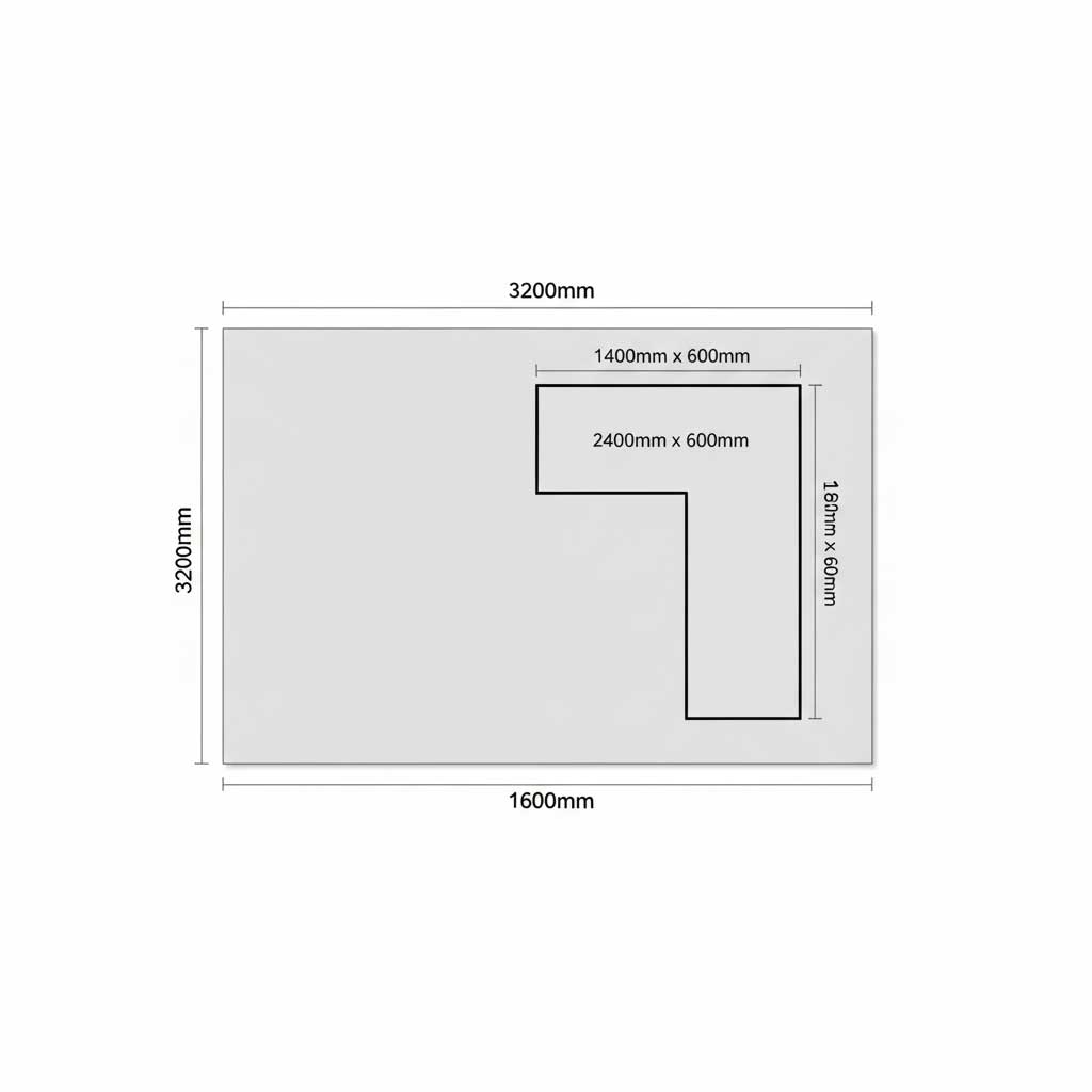 Technical diagram showing how an L-shaped kitchen countertop is optimally cut from a single 3200x1600mm quartz slab, with measurements and waste areas highlighted