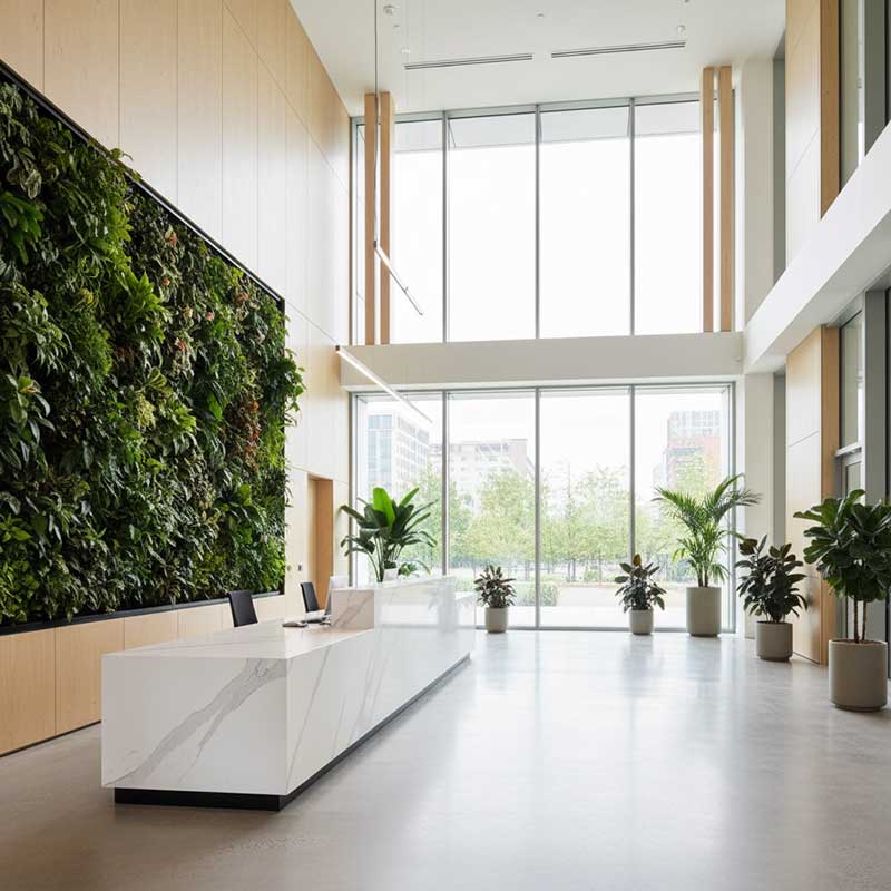 LEED-certified modern green commercial building lobby with quartz reception desk, living green wall, large windows providing natural light, biophilic design elements