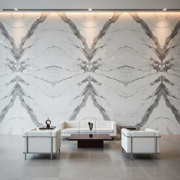 Luxury interior featuring large-format bookmatched quartz slabs installed as wall cladding showing dramatic symmetrical veining pattern