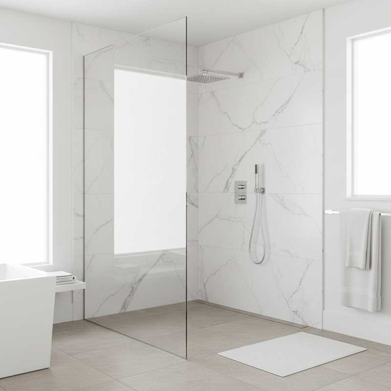 Large walk-in shower with seamless white engineered quartz wall cladding replacing traditional tiles, frameless glass partition, rainfall showerhead and chrome fixtures in luxury bathroom