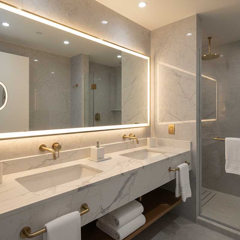 a luxury hotel with white quartz vanity top