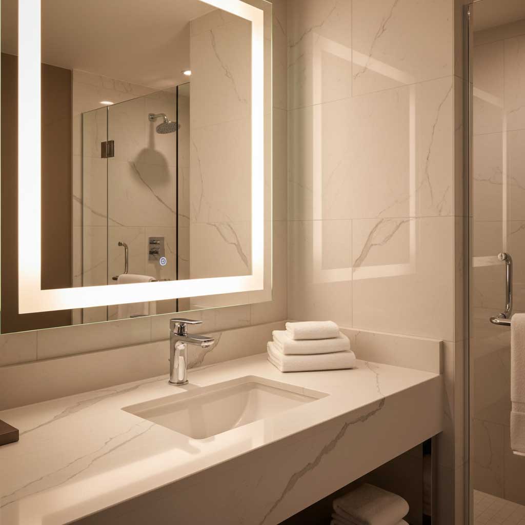 Modern five-star hotel bathroom with polished white quartz vanity countertop, undermount rectangular sink, chrome fixtures, and backlit mirror