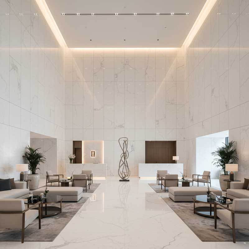 Full-height engineered quartz wall cladding in a luxury hotel lobby featuring Calacatta marble-look veined panels with polished surface reflecting warm ambient lighting