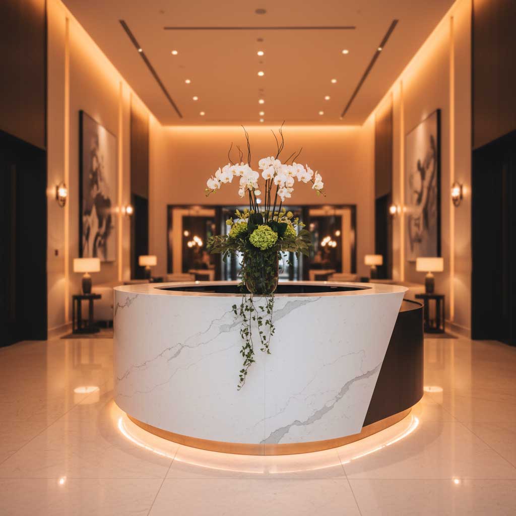 Full-height engineered quartz wall cladding in a luxury hotel lobby featuring Calacatta marble-look veined panels with polished surface reflecting warm ambient lighting
