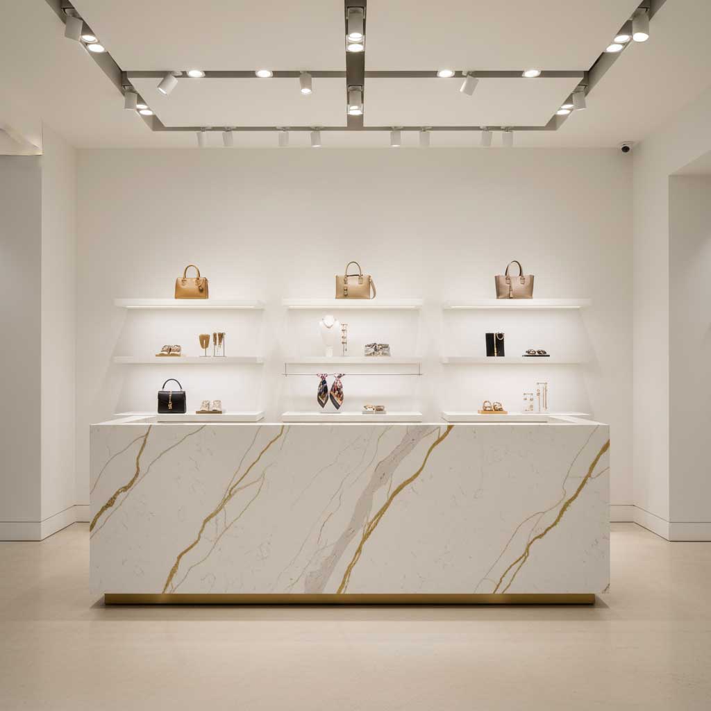 High-end fashion retail boutique with minimalist white Calacatta quartz cash wrap counter, product displays, spot lighting, and polished floor